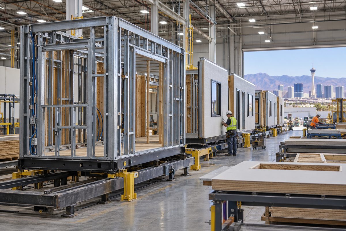 Factory assembly line in Las Vegas showing structural steel framing for modular home units