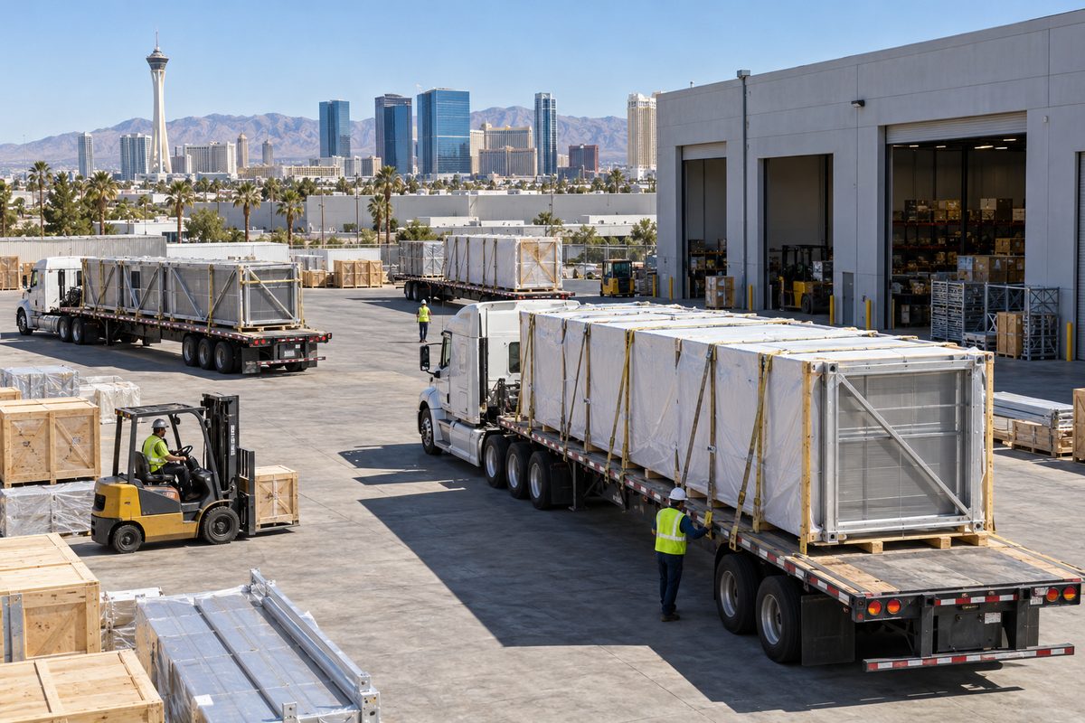 Commercial freight staging yard and loading bays at Las Vegas manufacturing facility