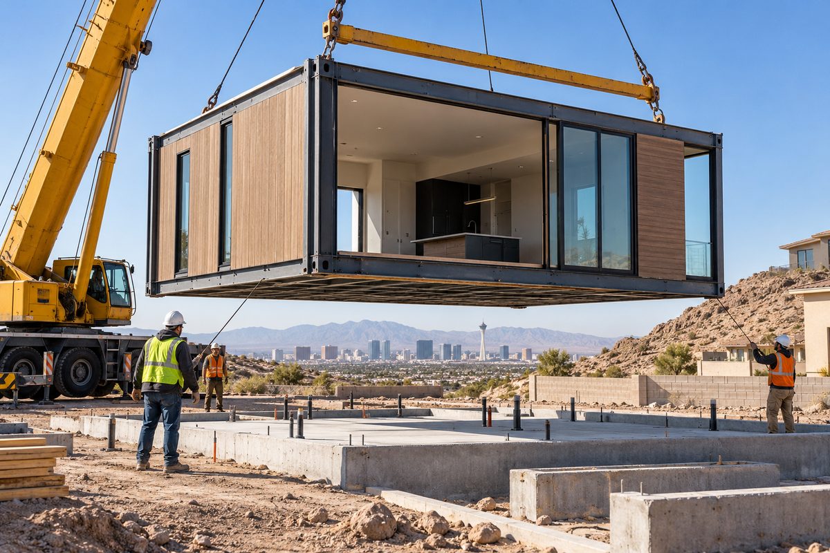Commercial crane lowering a Boxabl steel modular unit onto an engineered foundation