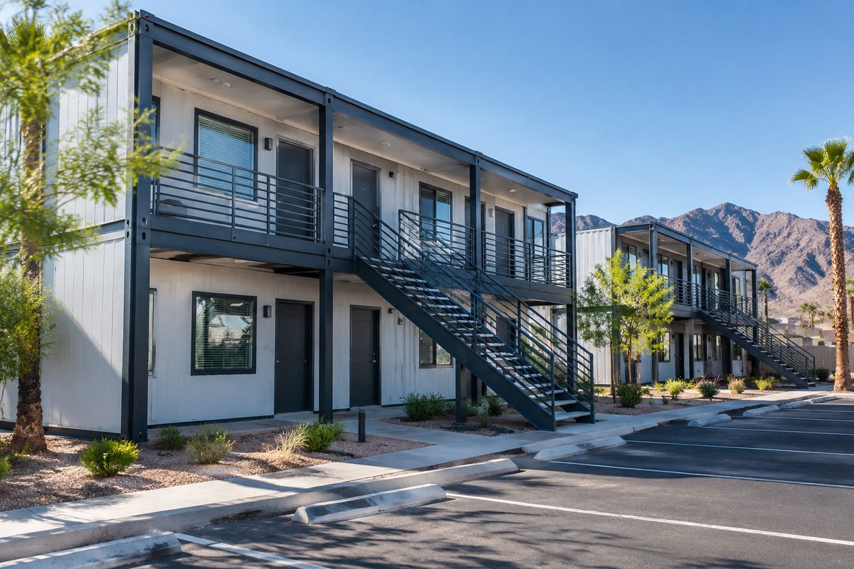 Two-story multi-family apartment development assembled from Boxabl modular steel units