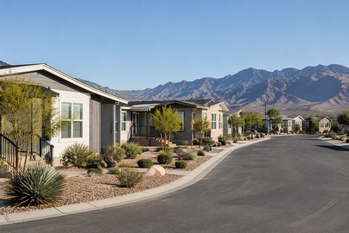 Completed single-family residential community of modern Boxabl modular houses in Nevada